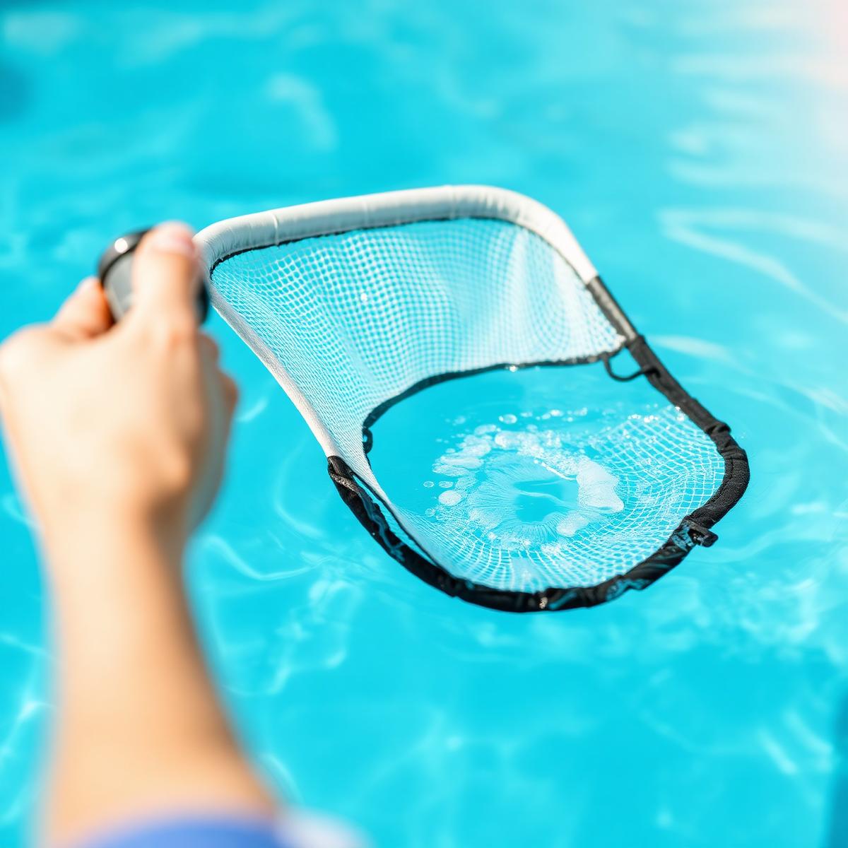 Pool technician skimming clear water
